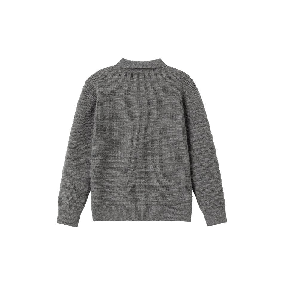 Back view of a gray textured knit cardigan with a collar, long sleeves, and ribbed cuffs and hem.
