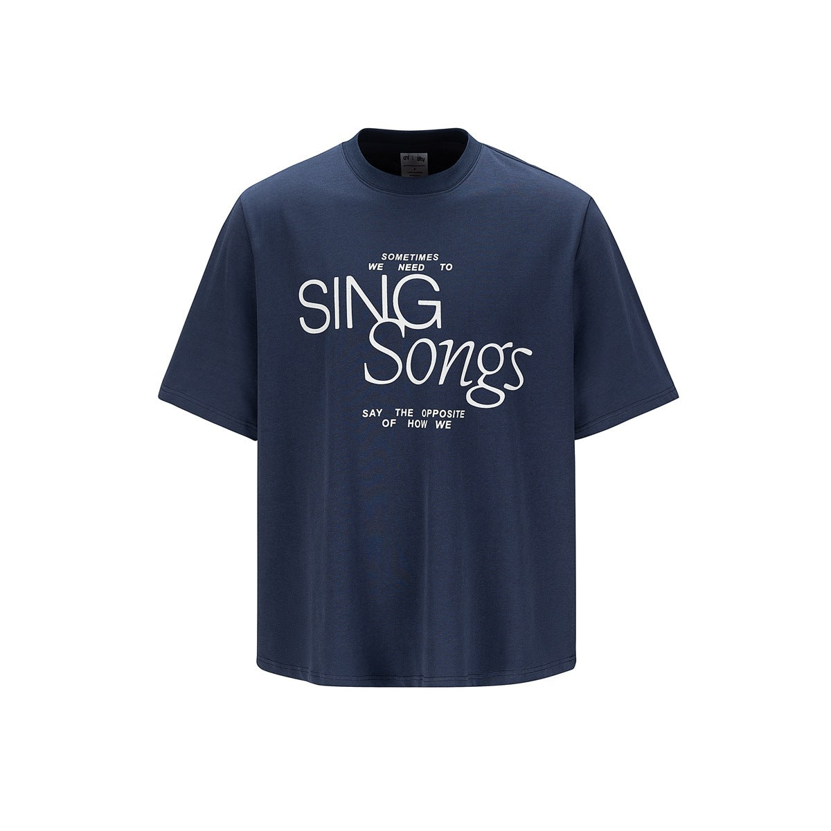 Navy blue short-sleeve crew-neck T-shirt with white 'SING Songs' lettering print on the chest, flat front view