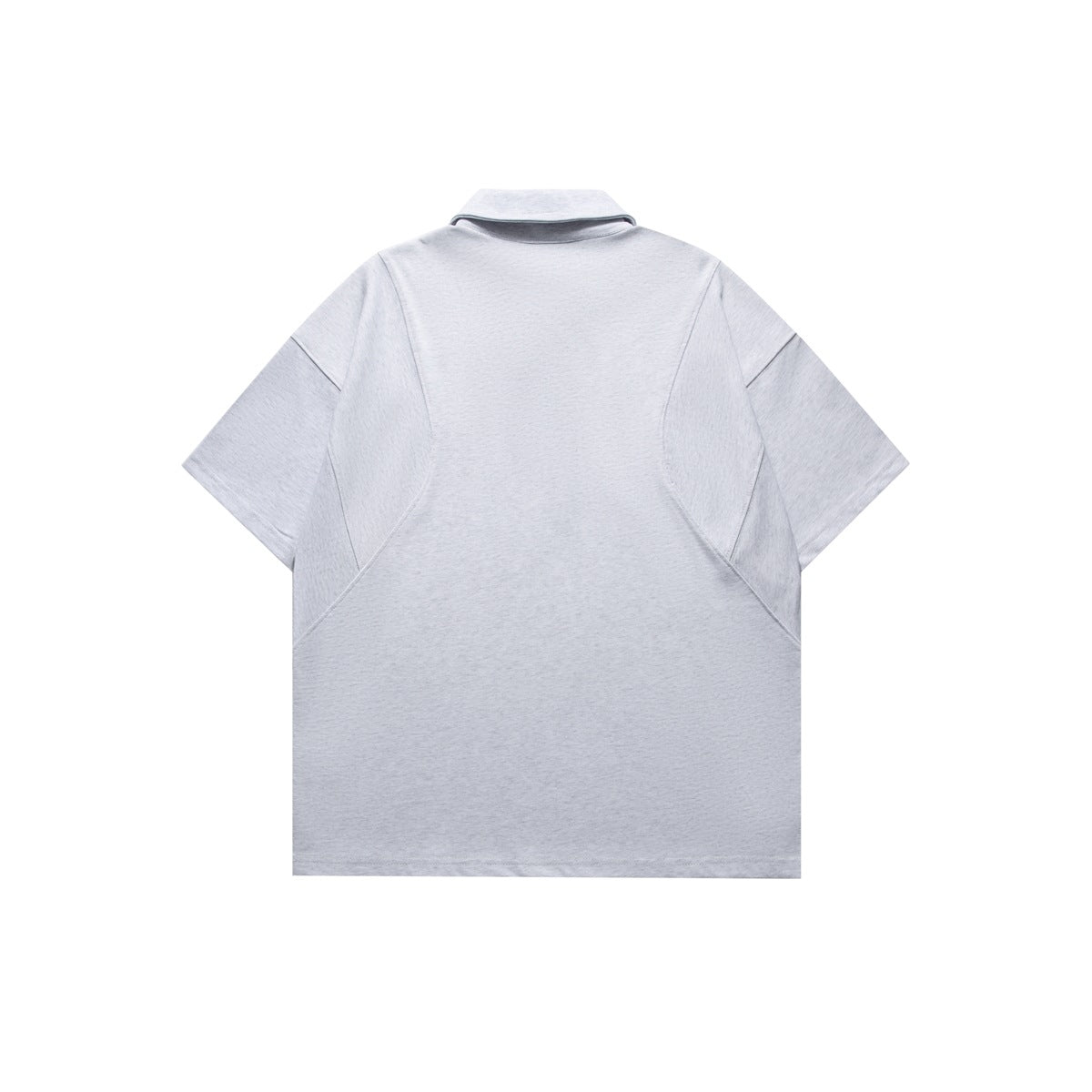 Back view of a light gray short-sleeve polo shirt with curved panel seams.