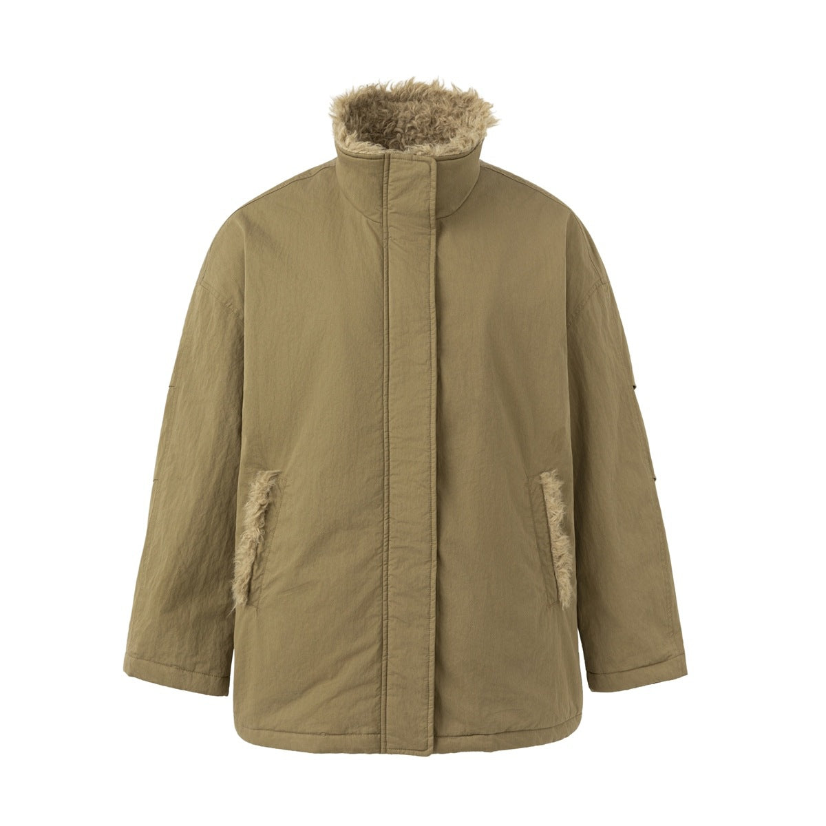 Khaki stand-collar padded jacket with fleece-like collar and pocket trim, front view on a white background