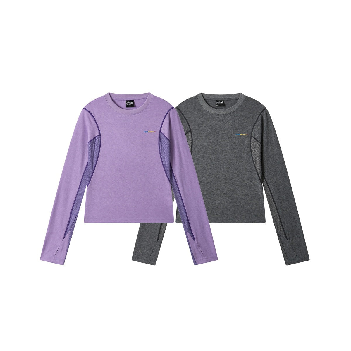 Two long-sleeve crew-neck shirts shown from the front: lavender and charcoal gray, both with dark mesh side panels.
