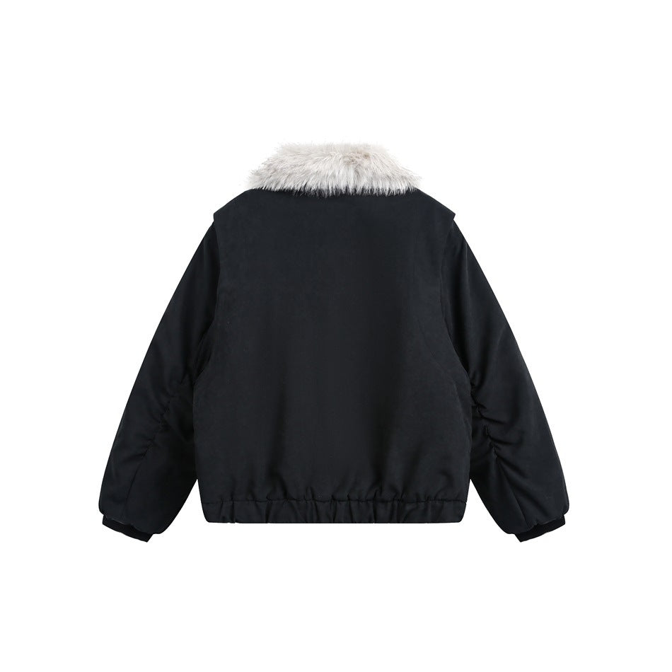 Back view of a black cropped jacket with a cream faux-fur collar and gathered hem.
