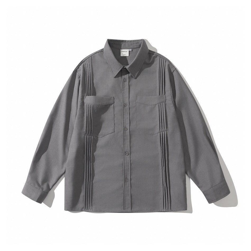 Gray long-sleeve button-front shirt with two flap chest pockets and vertical pintuck pleats, flat lay front view