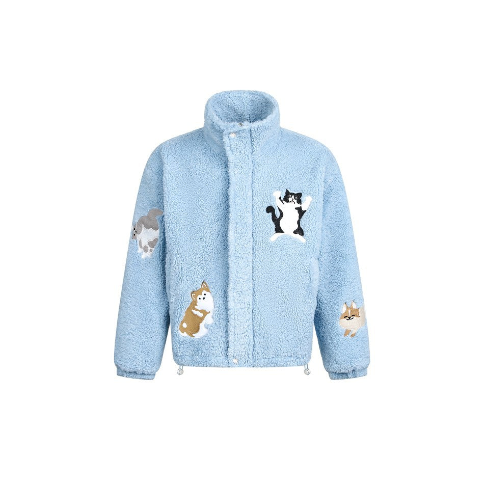 Light blue teddy fleece-style stand-collar jacket with embroidered cat and dog appliqués, front view