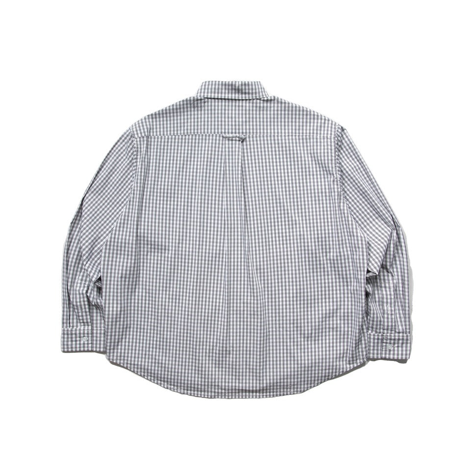 Back view of white and dark gray checked button-down shirt with yoke pleat and long sleeves, flat lay