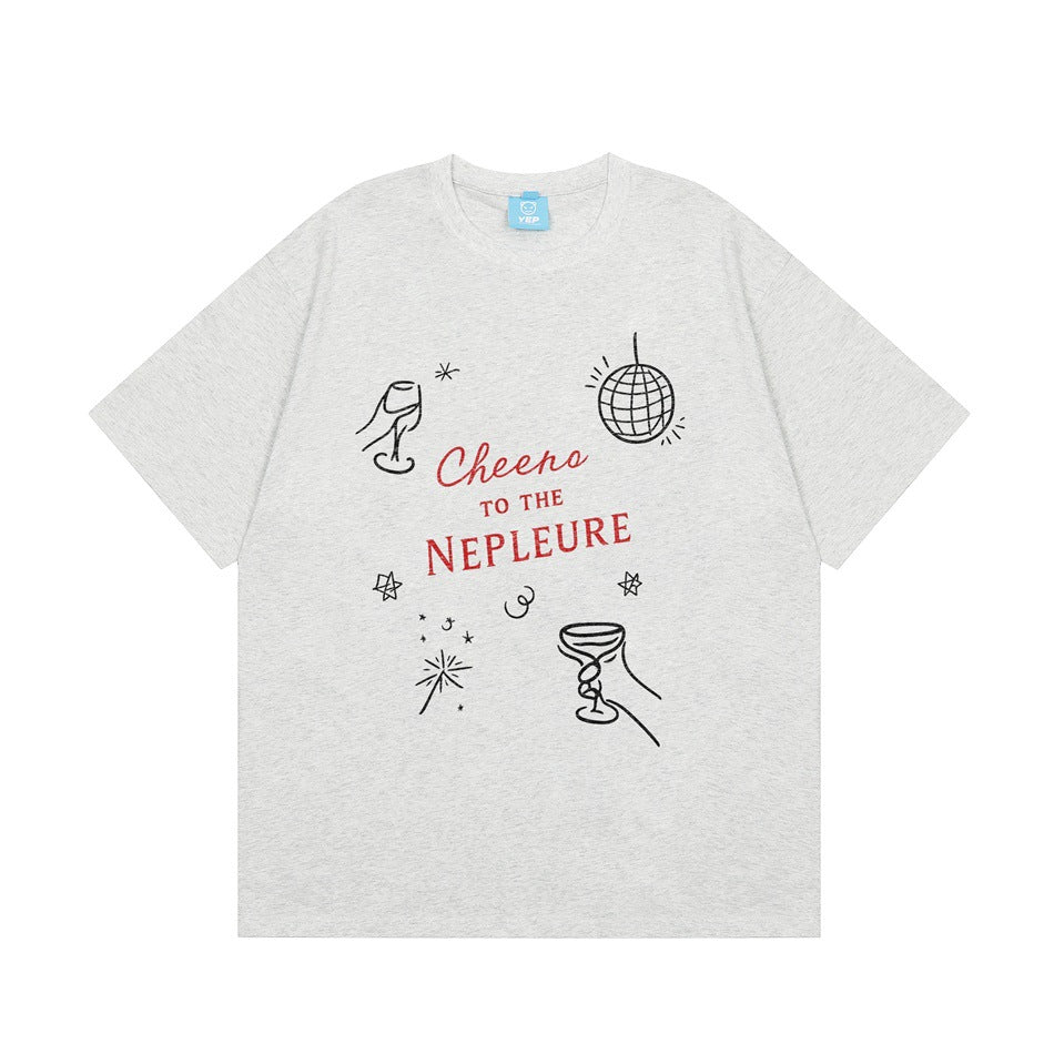 Light heathered gray short-sleeve T-shirt with black line-art champagne and disco ball print and red lettering