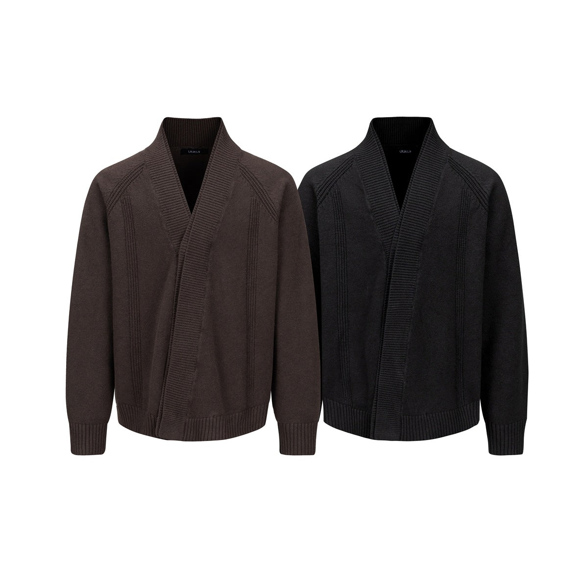 Two open-front knit cardigans shown from the front, in dark brown and black, with ribbed shawl collars and cuffs.
