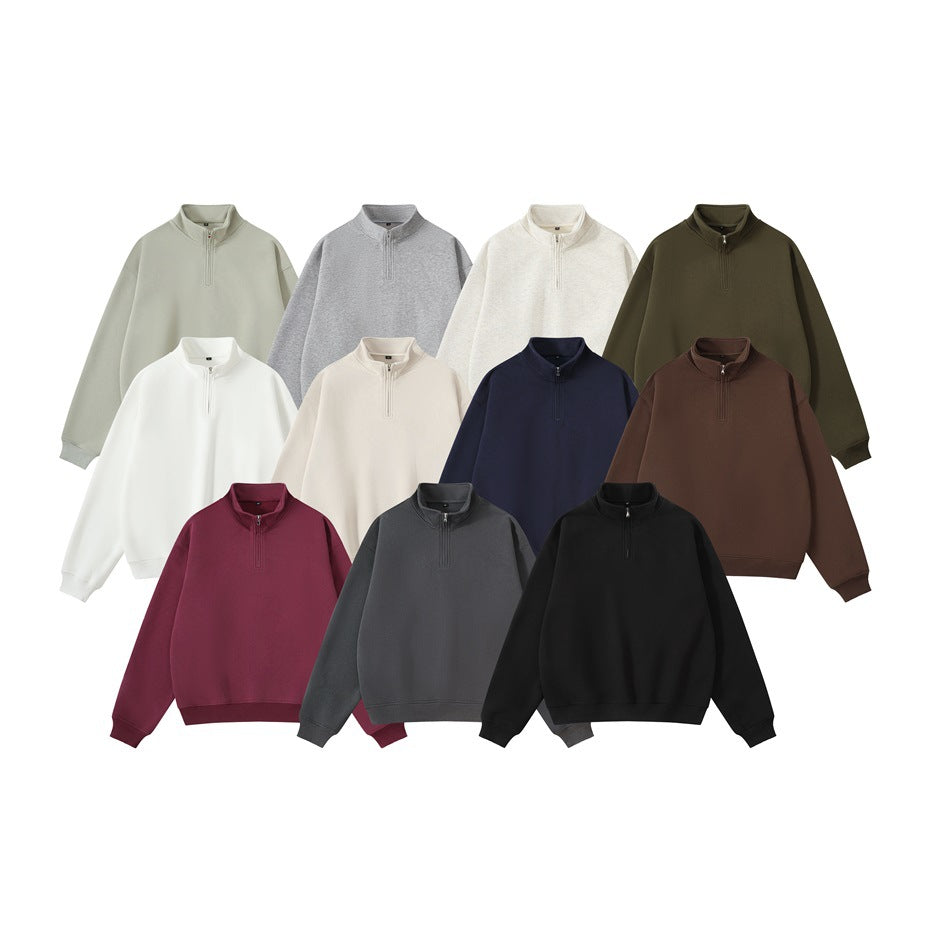 Ten quarter-zip sweatshirts shown flat in assorted neutral, dark, and burgundy colors.