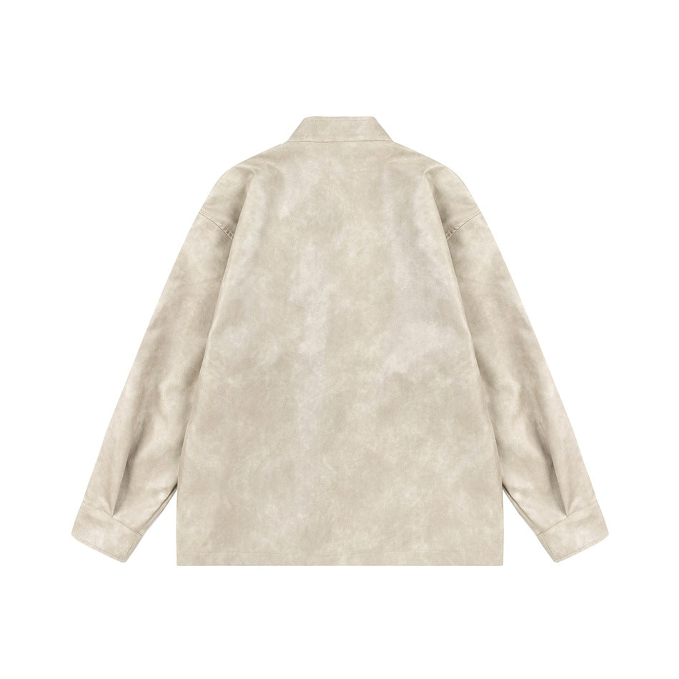 Back view of a light beige jacket laid flat, showing its stand collar, long sleeves and plain back.