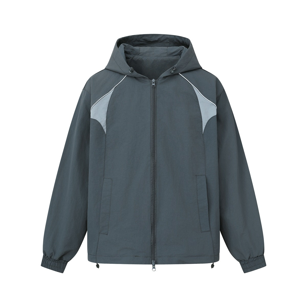 Gray-blue hooded zip jacket with light gray shoulder panels, white piping, front pockets and elastic cuffs, front view