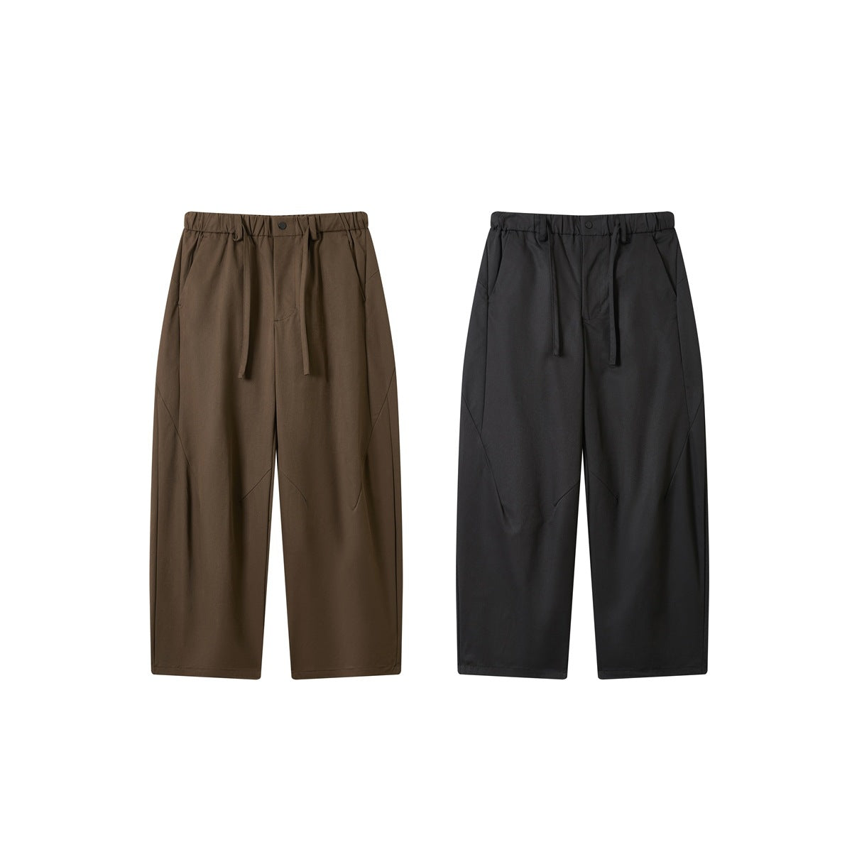 Front view of wide-leg pants in brown and charcoal, both with elastic waists, drawstrings, and angled seams.