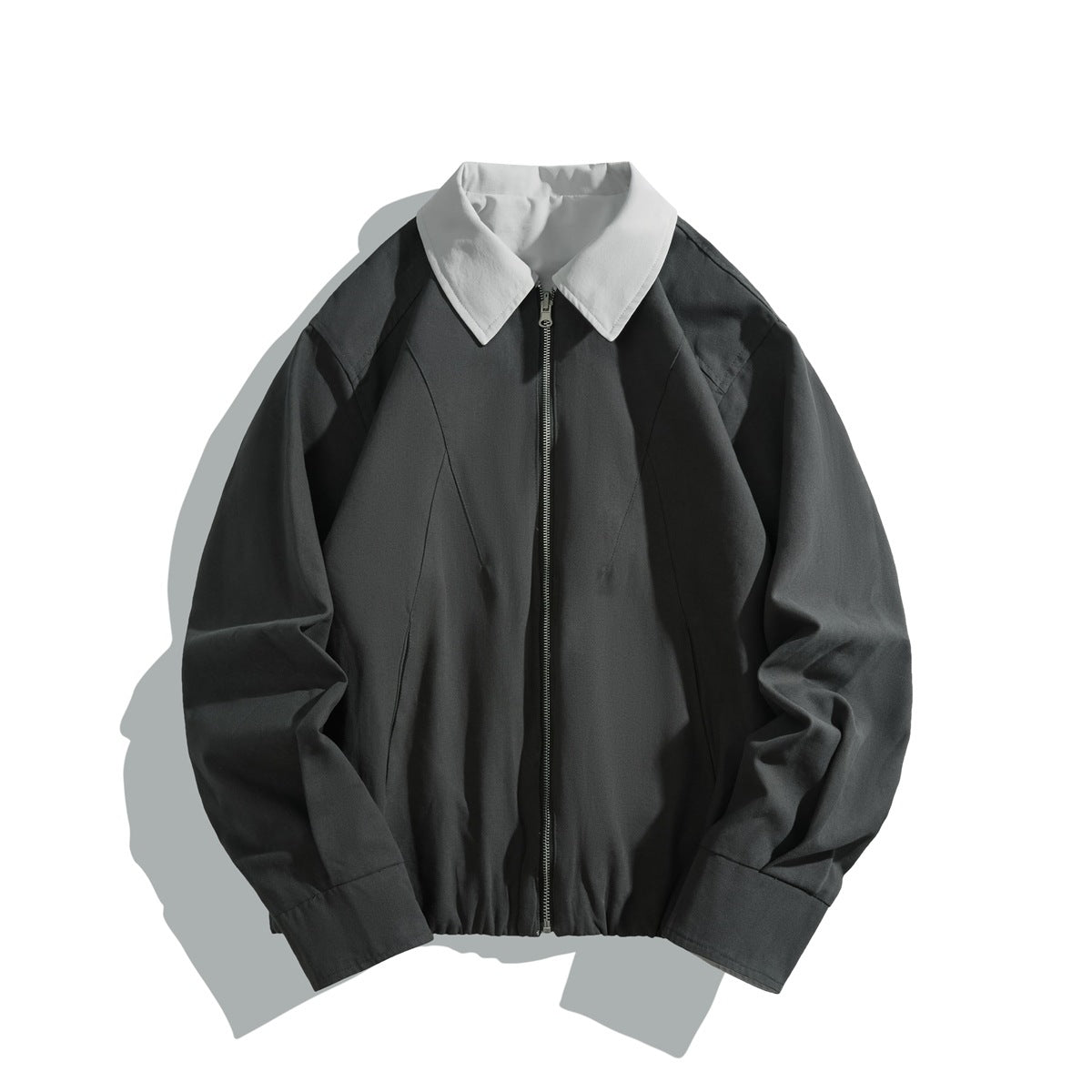 Dark gray zip-front jacket with light gray contrast collar, elastic hem and cuffs, flat lay