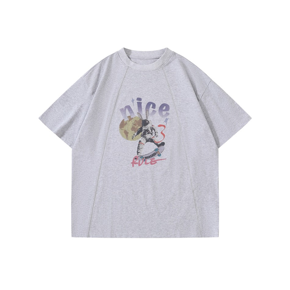 Heather gray short-sleeve T-shirt with astronaut rabbit skateboard graphic and nice RULE lettering, front view
