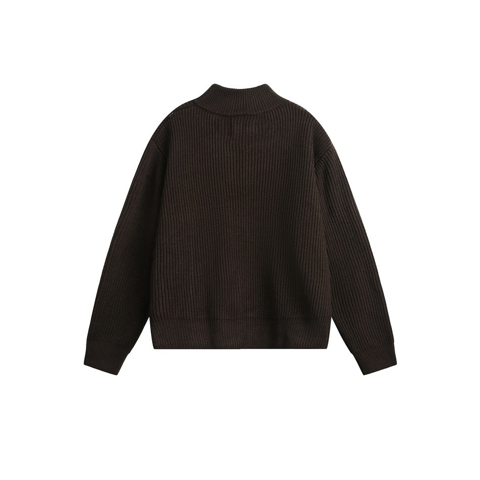 Back view of a dark brown rib-knit cardigan with long sleeves and a stand collar, shown flat.