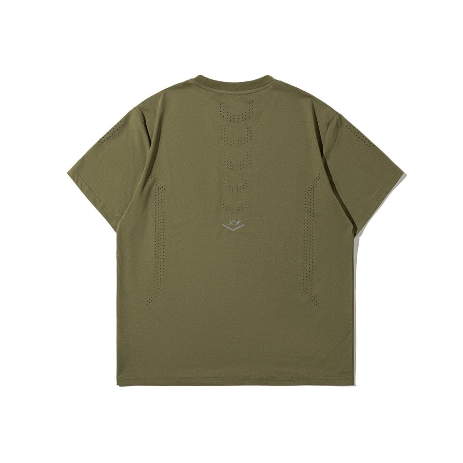 Back view of an olive-green short-sleeve T-shirt with perforated accents and a small gray emblem.