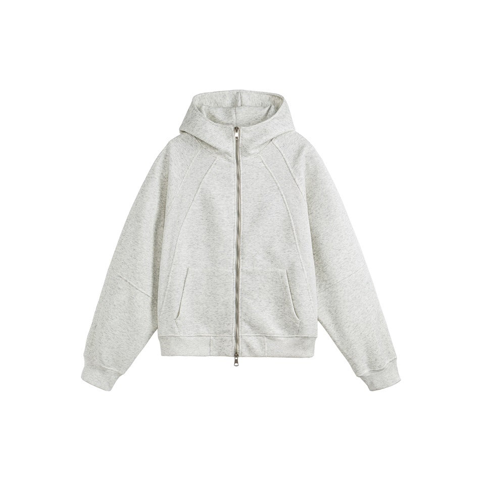 Heather gray full-zip hooded sweatshirt jacket with raglan seams, front pockets and ribbed trim, flat lay