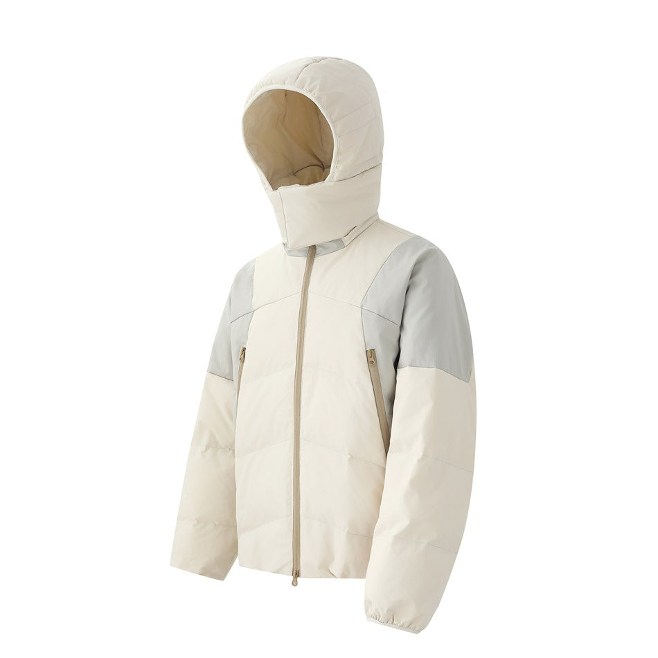 Cream hooded puffer jacket with light gray shoulder panels, tan front zipper and zippered pockets, three-quarter view