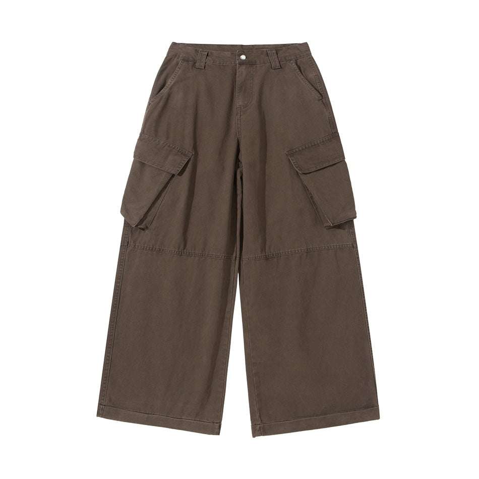 Brown wide-leg cargo pants with large flap side pockets, belt loops, button fly and cuffed hems, front flat lay