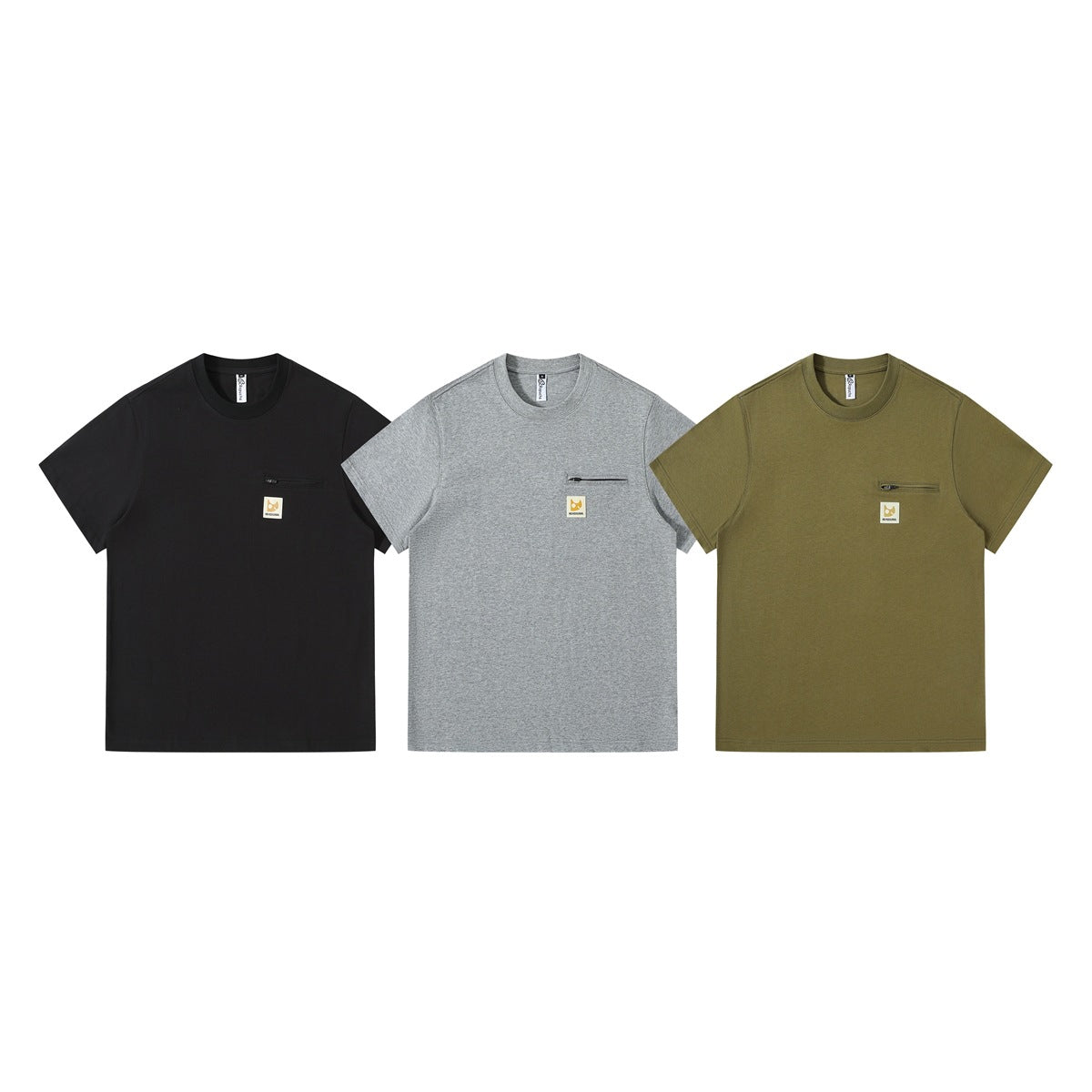 Three short-sleeve crew-neck T-shirts with zip chest pockets, shown in black, heather gray, and olive.