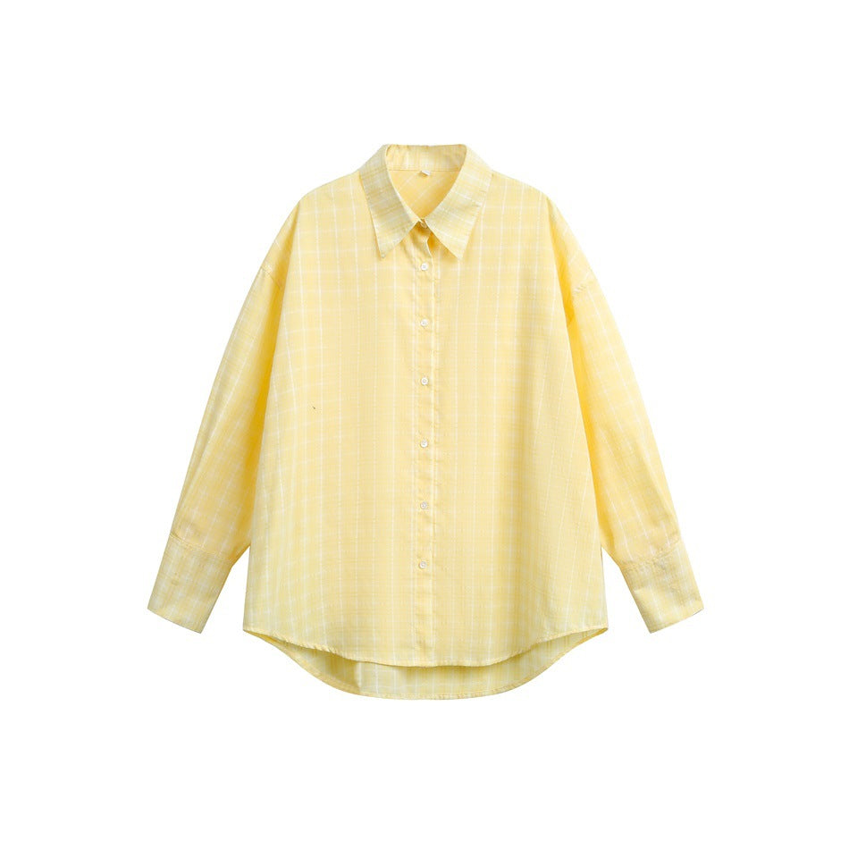 Yellow plaid long-sleeve button-up shirt with pointed collar, flat lay on white background