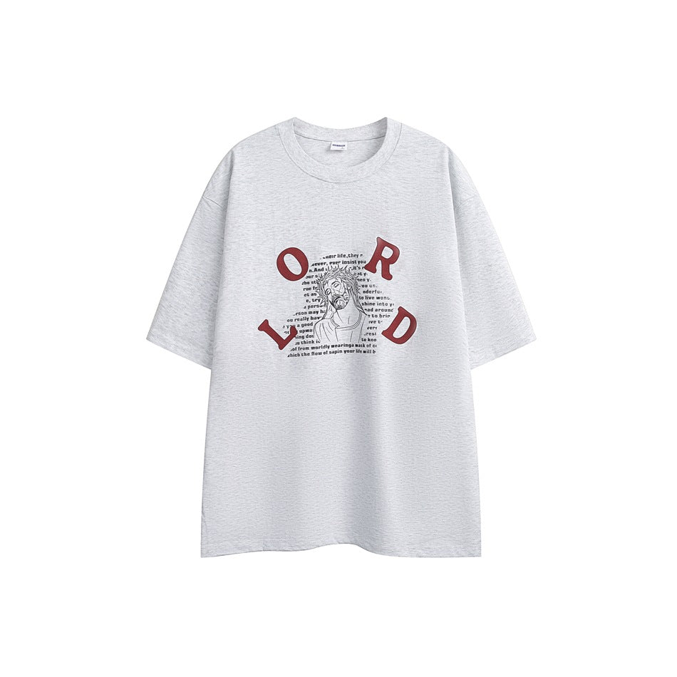 Front of a light heather-gray short-sleeve T-shirt with a central graphic of red letters, small text, and a line-drawn