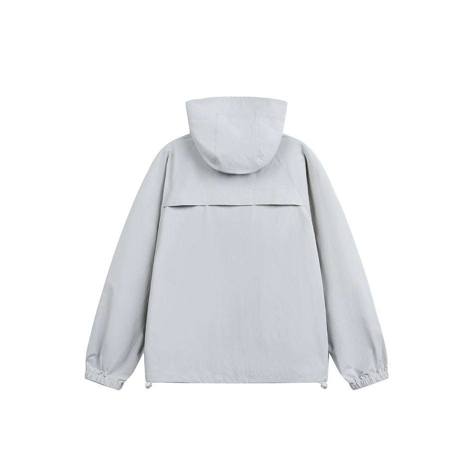 Back view of a light gray hooded jacket with a rear yoke flap, elastic cuffs, and adjustable hem.
