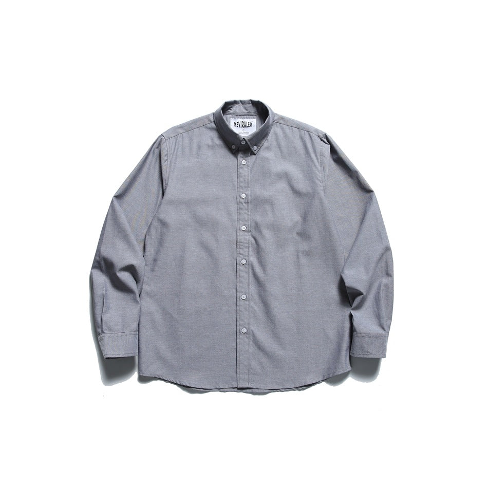 Gray long-sleeve button-down oxford-style shirt, front flat view with buttoned placket and cuffs