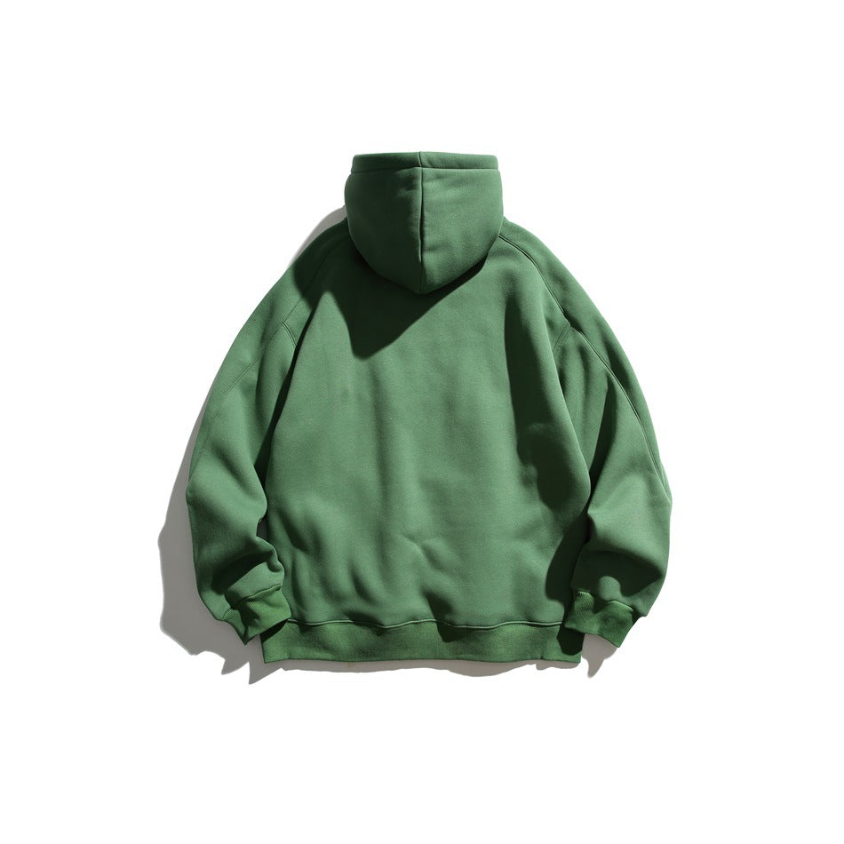 Back view of a plain forest-green hooded sweatshirt.