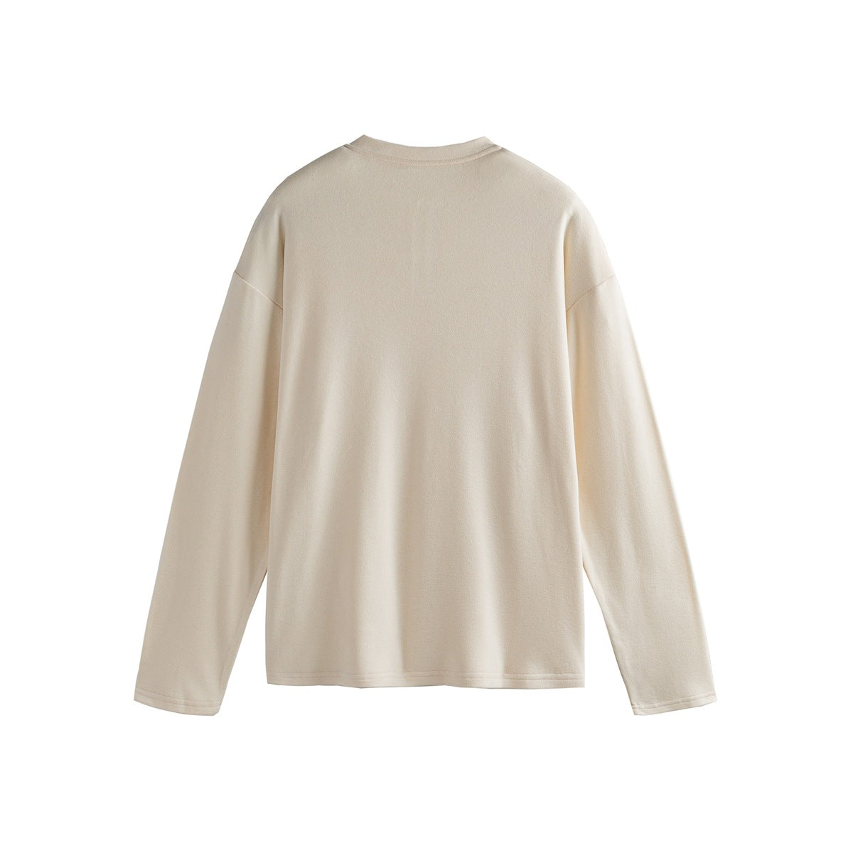 Off-white long-sleeve top, plain back view with drop shoulders and round neckline