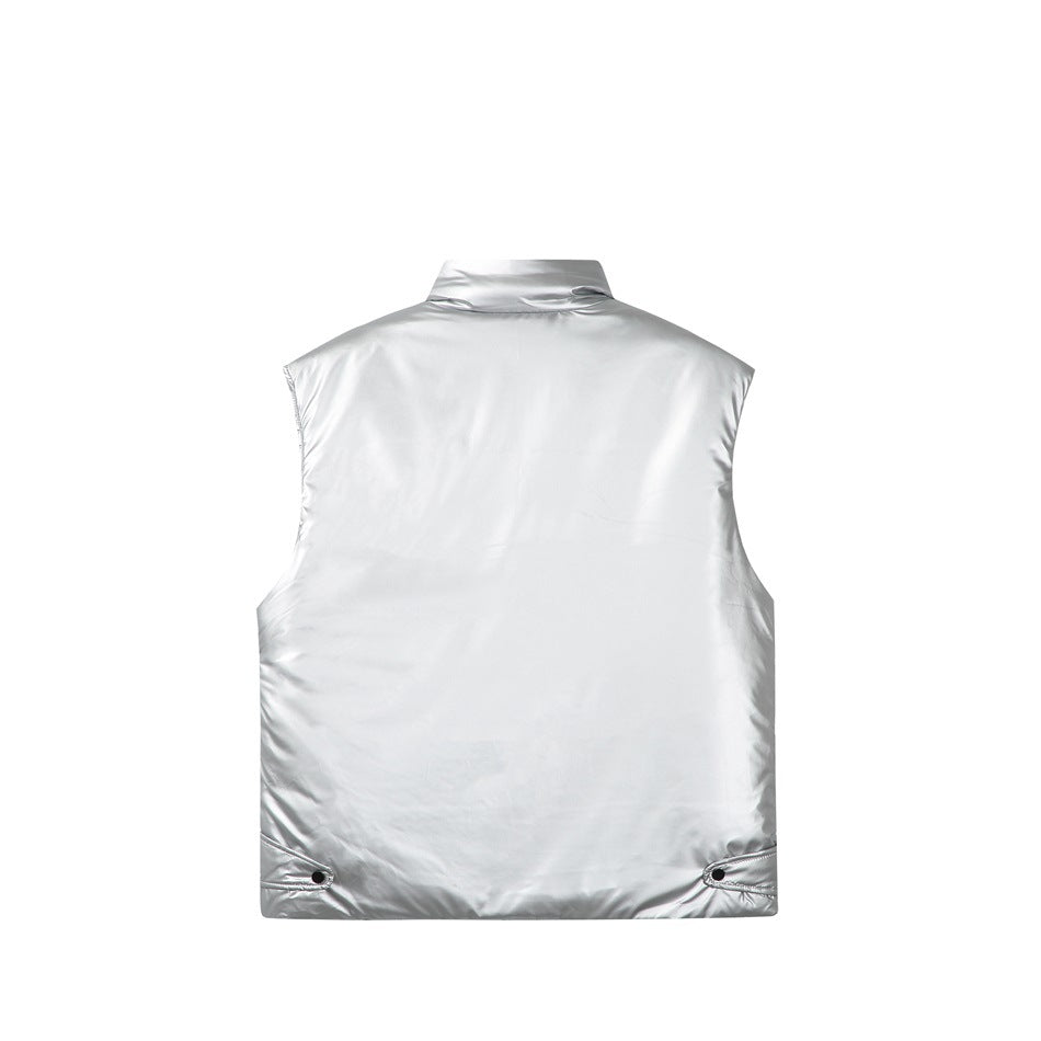 Back view of a shiny silver sleeveless vest with a high collar and adjustable hem tabs.