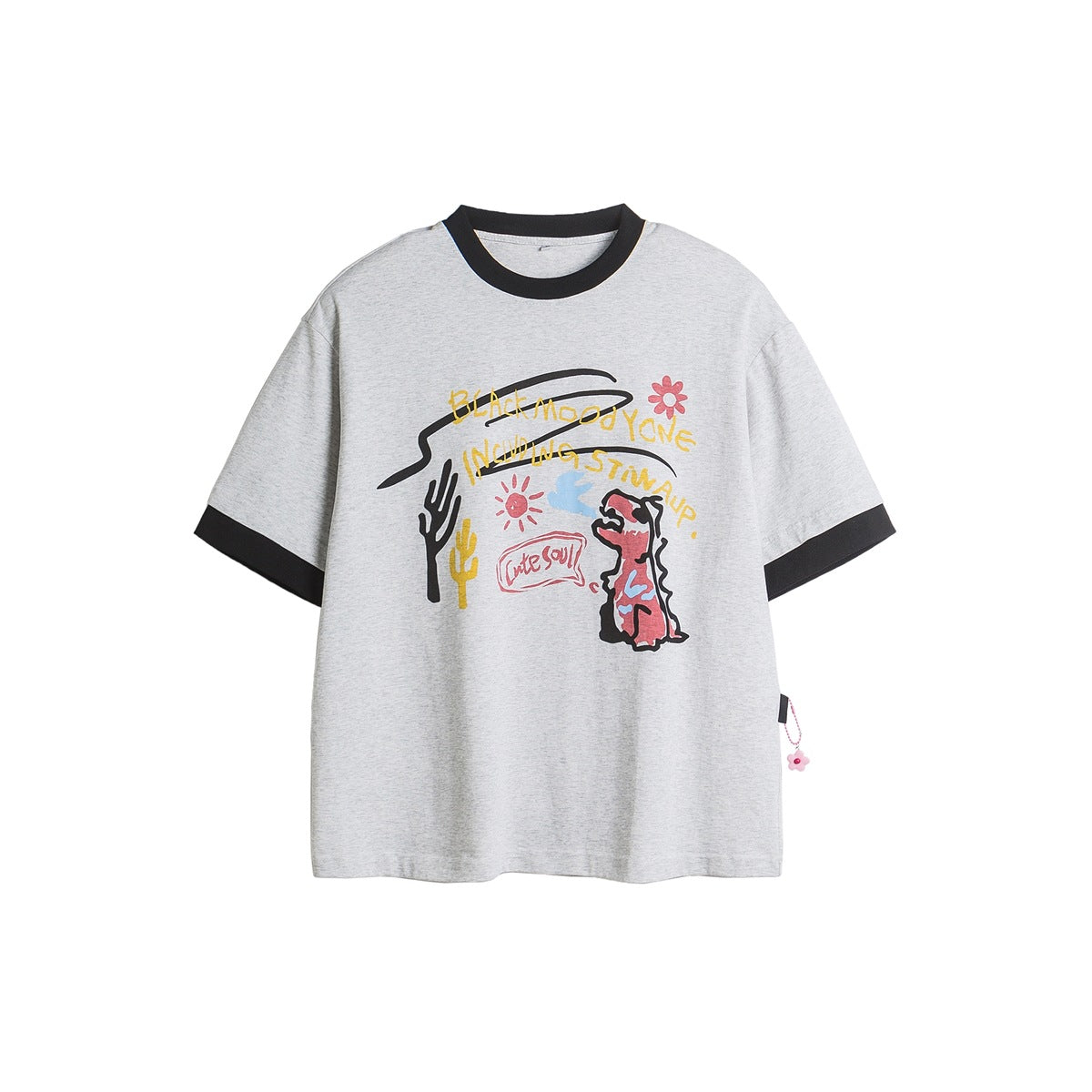 Heather gray short-sleeve T-shirt with black neck and cuffs and a colorful cactus and dinosaur graphic