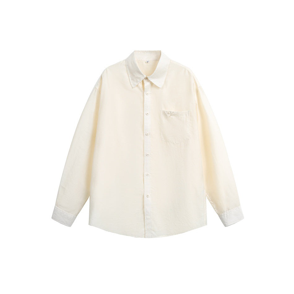 Beige long-sleeve button-up shirt with white contrast cuffs and collar and a chest pocket, flat lay front view
