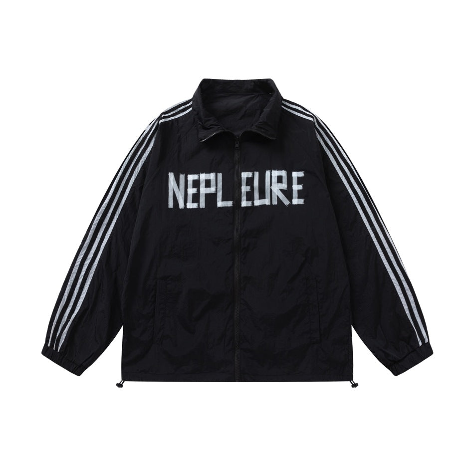Black zip-front jacket with white sleeve stripes and white NEPL EURE graphic, flat lay front view