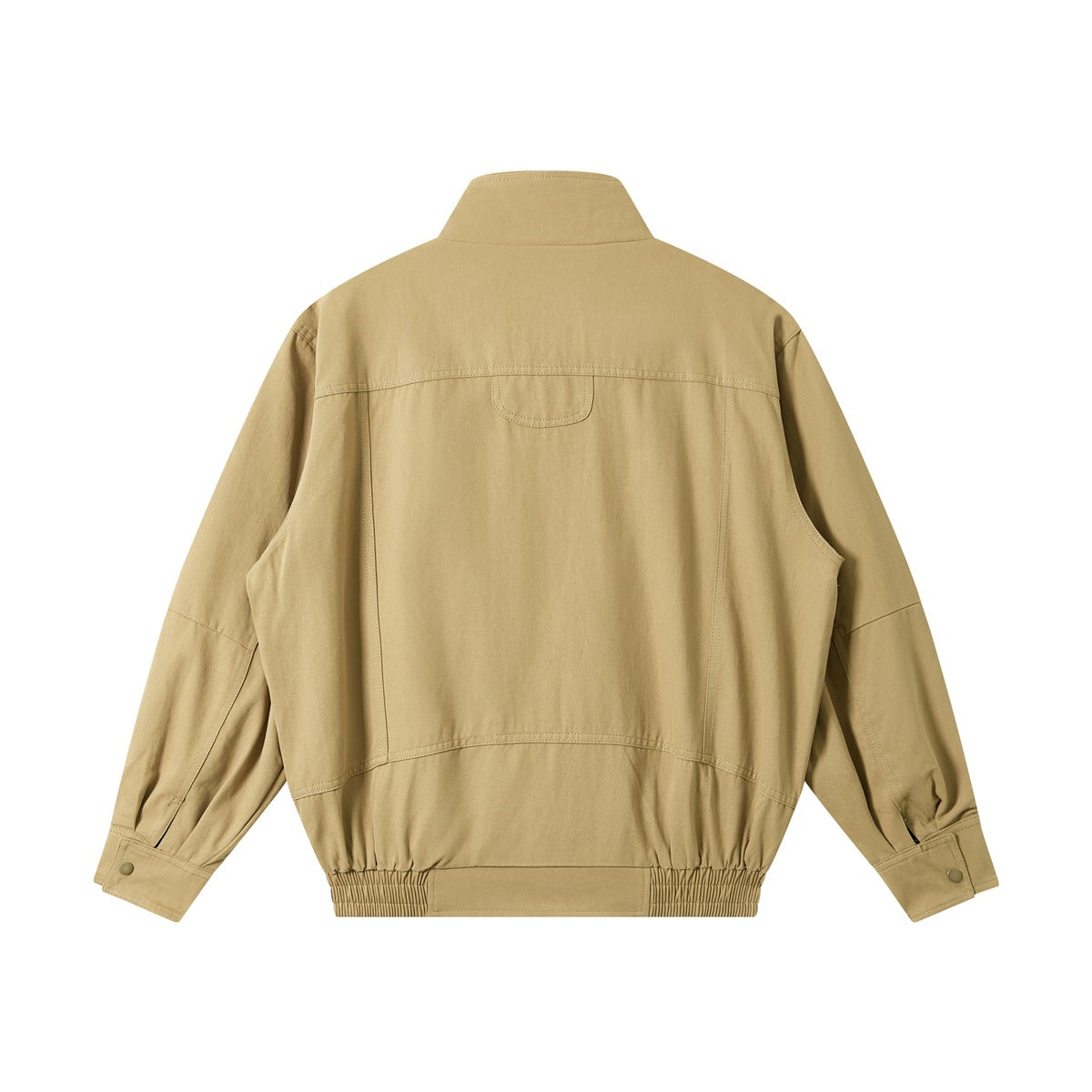 Back view of a tan jacket with a stand collar, long sleeves, snap cuffs and gathered waistband.