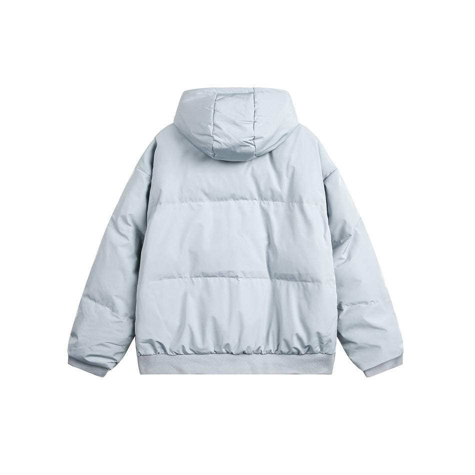 Back view of a pale blue-gray hooded padded jacket with horizontal quilted panels and ribbed cuffs and hem.
