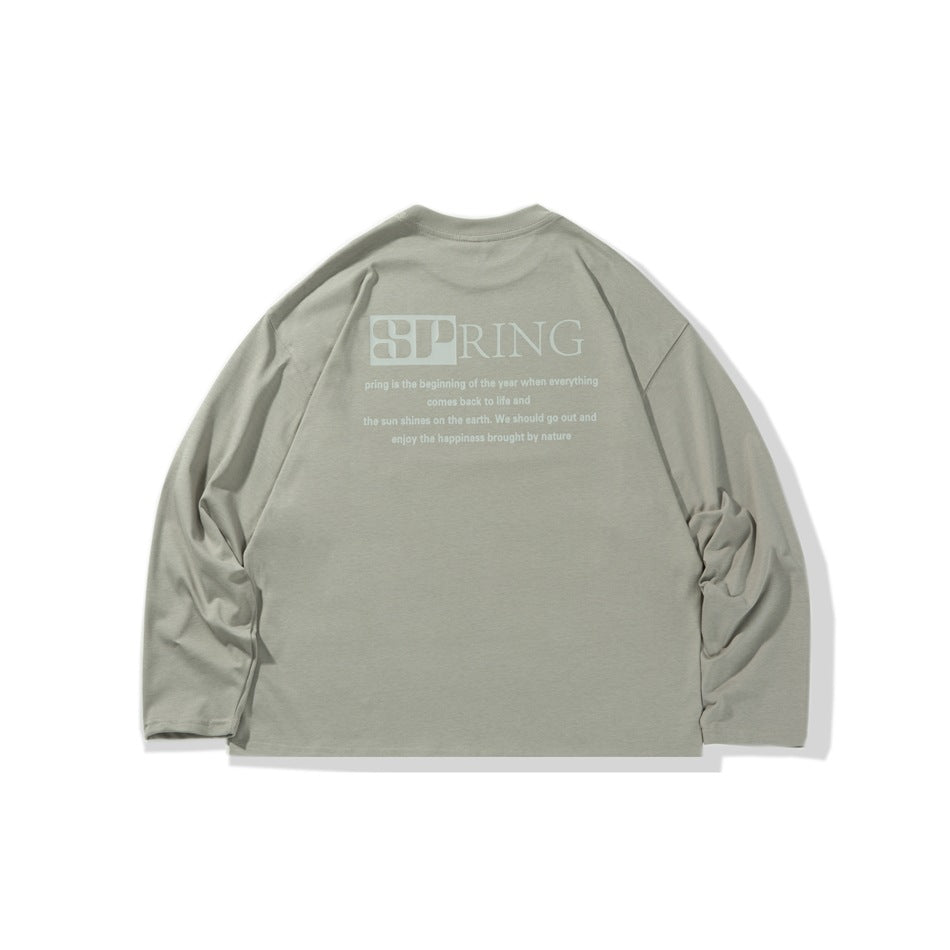 Light gray long-sleeve shirt laid flat, showing the back and a white SPRING graphic with smaller text.
