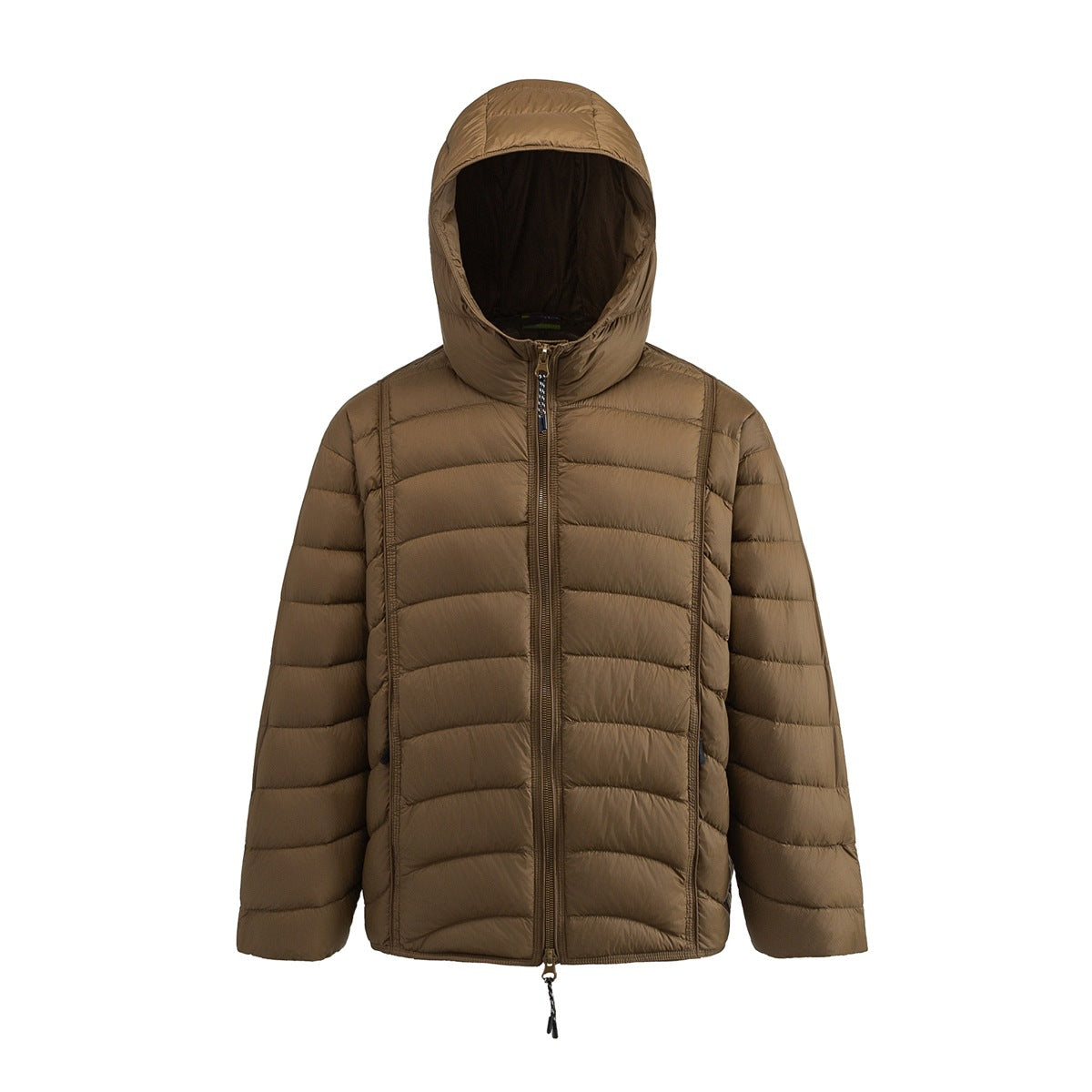 Brown hooded quilted puffer jacket with full front zipper, shown flat from the front