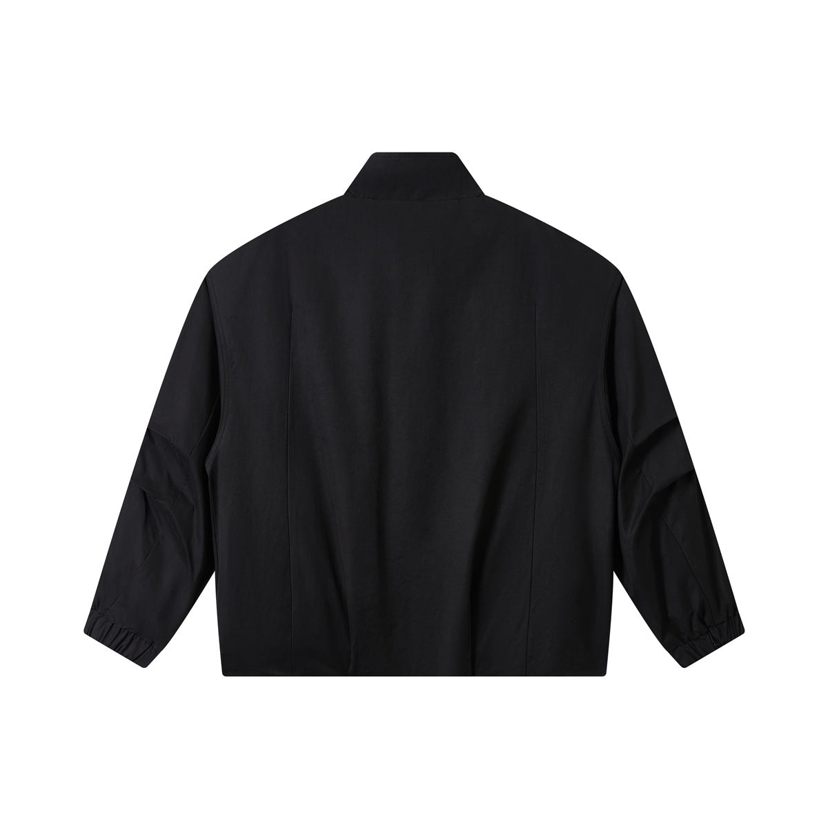 Back view of a black jacket with a stand collar and gathered cuffs.