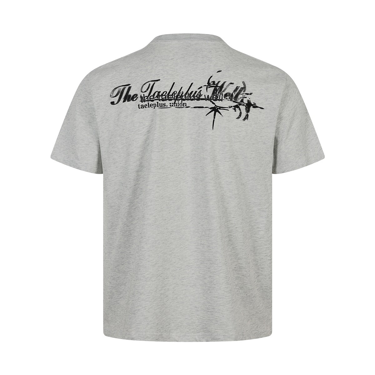 Back of a heather gray crew-neck T-shirt with black script lettering and an abstract graphic across the upper back.