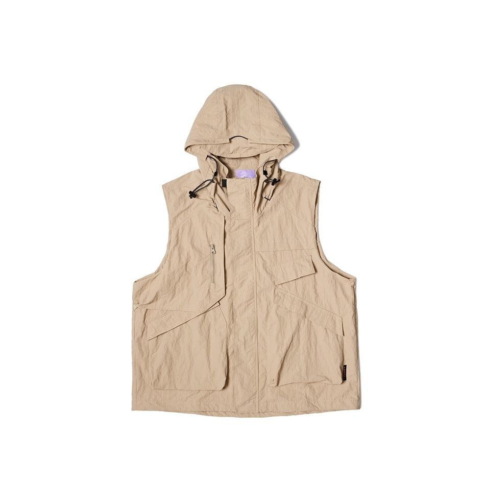 Khaki hooded sleeveless utility vest, flat lay front view with drawcord hood and multiple pockets