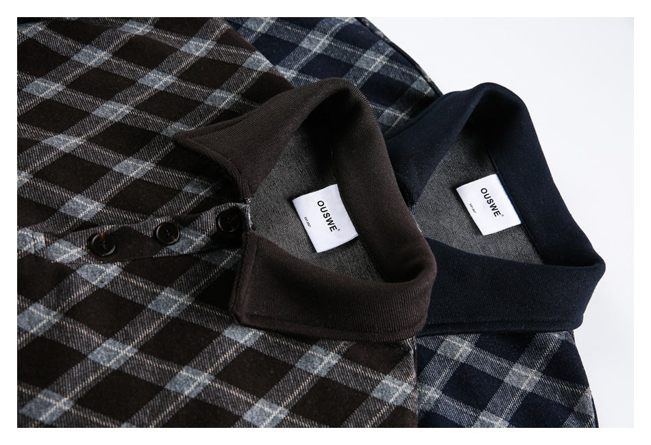 Close-up of overlapping black and navy plaid jackets, showing their collars, labels, and buttons.