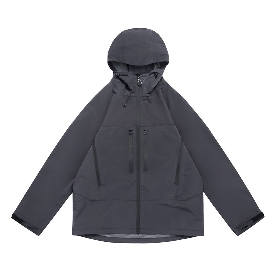 Dark gray hooded zip-front jacket flat lay with drawcord hood and chest zip pockets