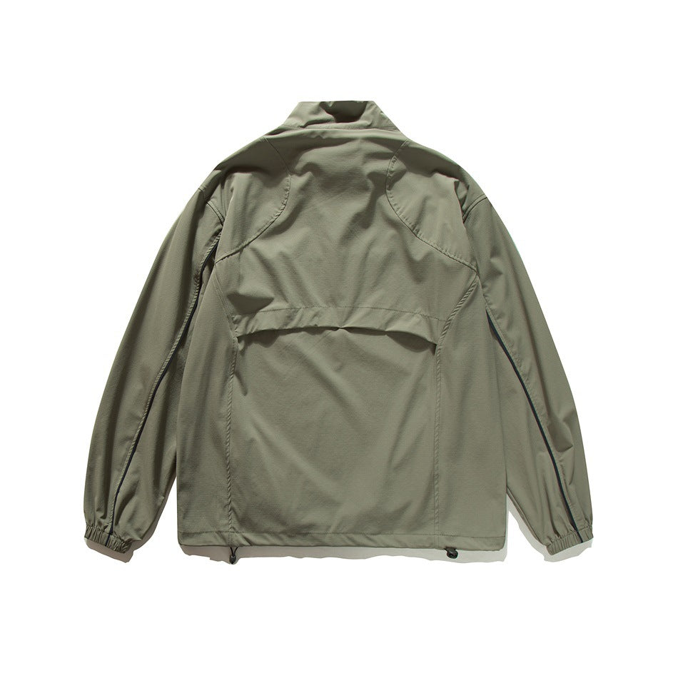 Back view of an olive-gray jacket with curved shoulder seams and a horizontal back vent.