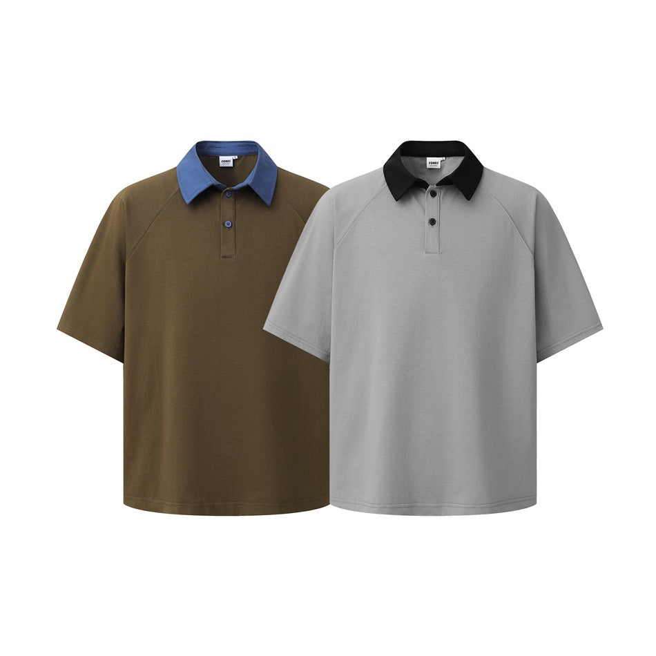 Two short-sleeve polo shirts shown from the front: olive brown with a blue collar and gray with a black collar.