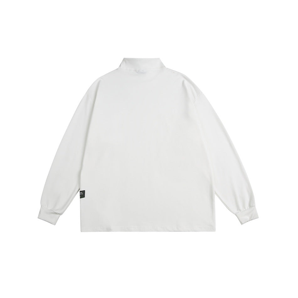Back view of a plain white long-sleeve mock-neck shirt with a small black side tag.