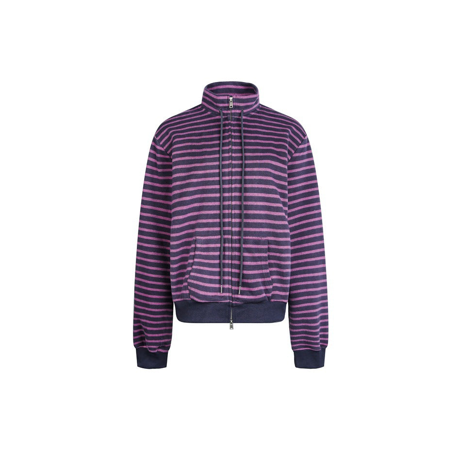 Purple and navy striped stand-collar zip jacket with drawcords, front pockets and ribbed cuffs and hem, flat front view