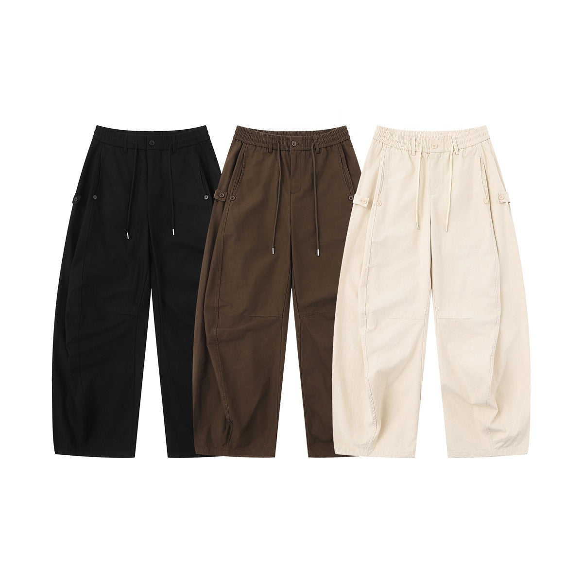 Three pairs of wide-leg pants shown from the front in black, dark brown, and cream.