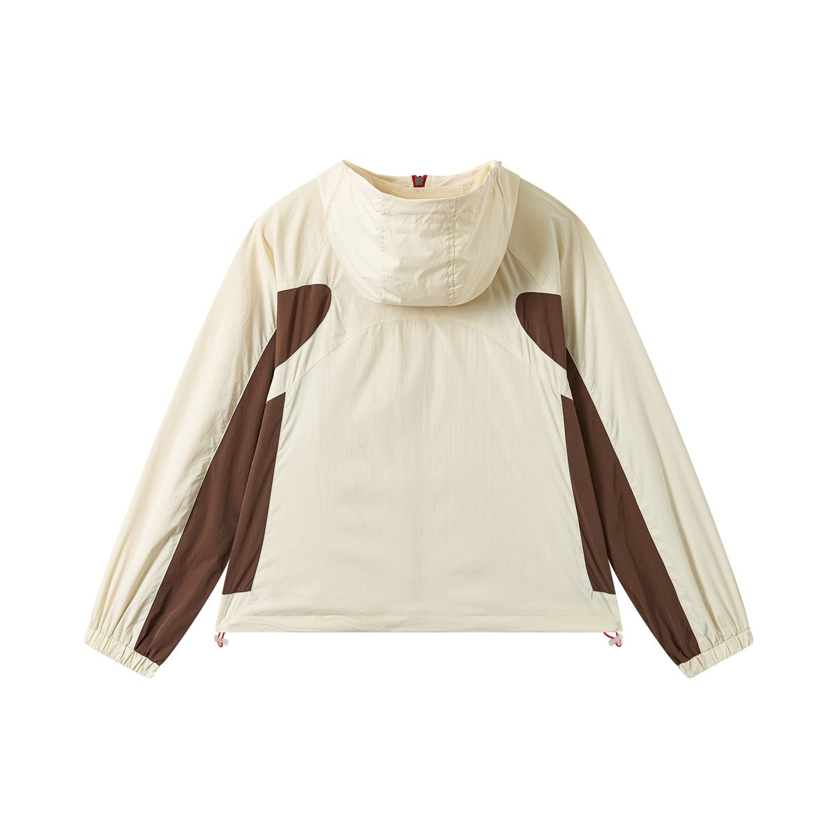 Back view of cream hooded jacket with brown color-block side panels, elastic cuffs and hem drawcord toggles