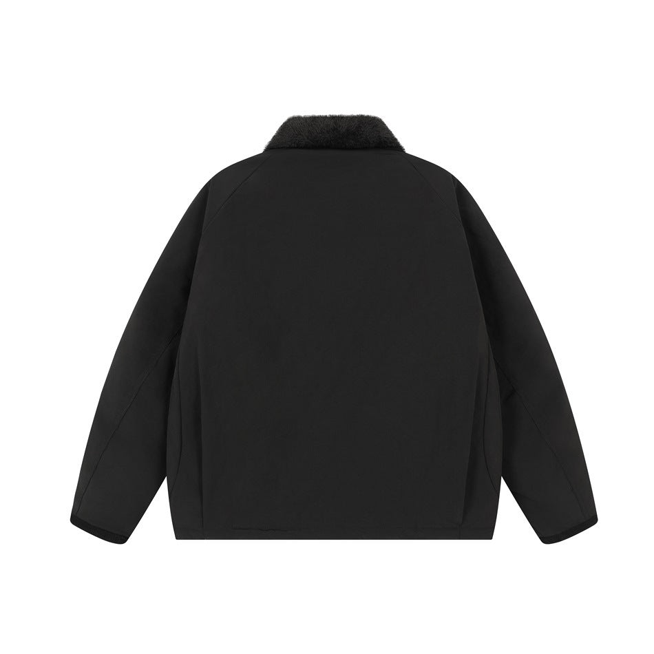 Back view of a black jacket with a dark plush collar and long sleeves.