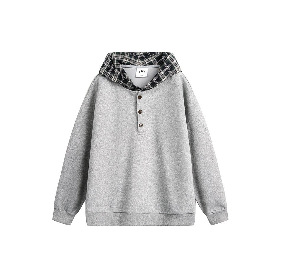 Heather gray pullover hoodie with plaid hood and three-button henley placket, flat lay front view